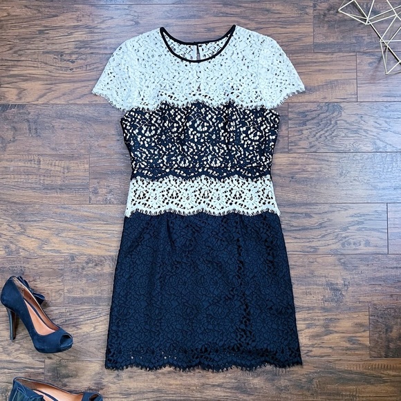 MILLY • Gabrielle Dress color block lace two tone sheath black white cocktail - Picture 2 of 14